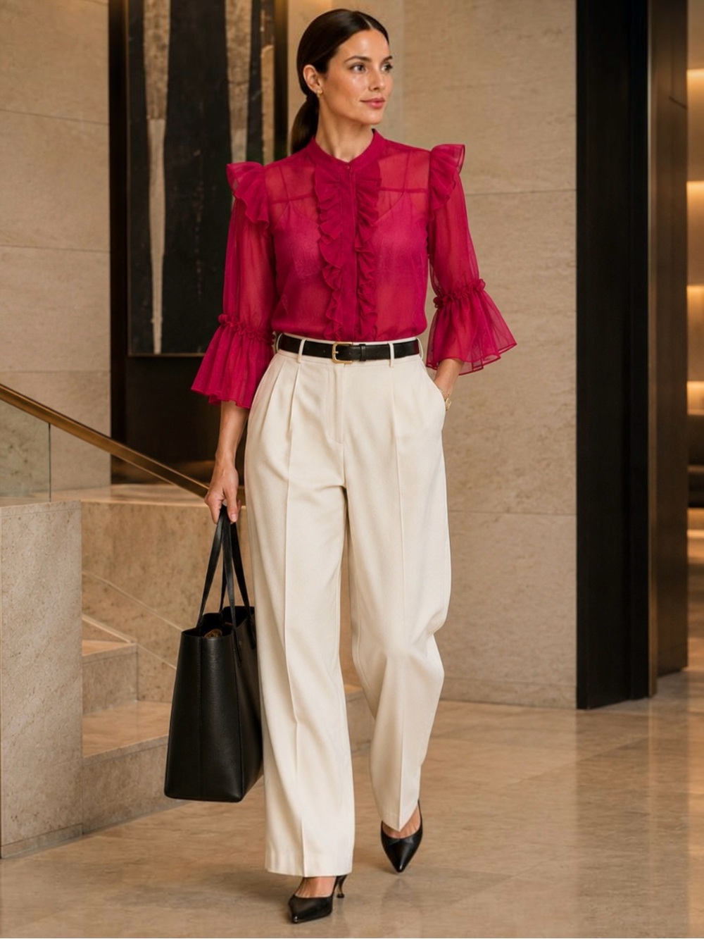 Alice + Olivia Odele Silk Chiffon Ruffle Blouse Fuchsia Sheer Top Bell Sleeve SM
